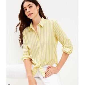 Loft Womens XL Yellow Striped Linen Blend Tie Front Top Long Sleeve Shirt Neon